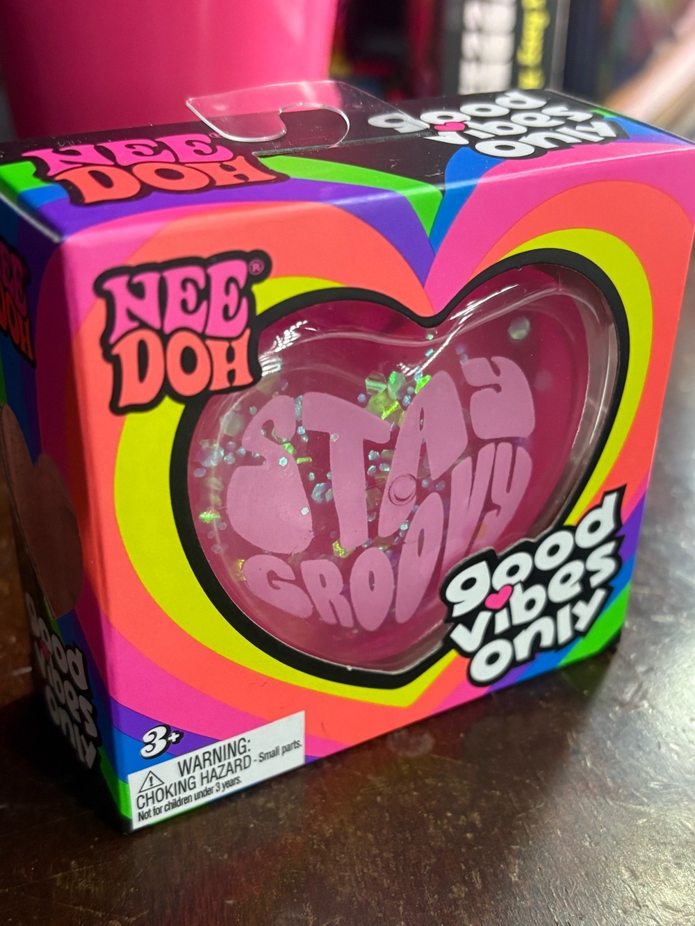 Needoh Stay Groovy Pink Heart Stress Squishy New in box! Glitter heart!